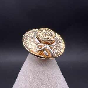Vintage Straw Hat Brooch Two Tone Bow Rhinestones Bow Cottage Tea Garden Party